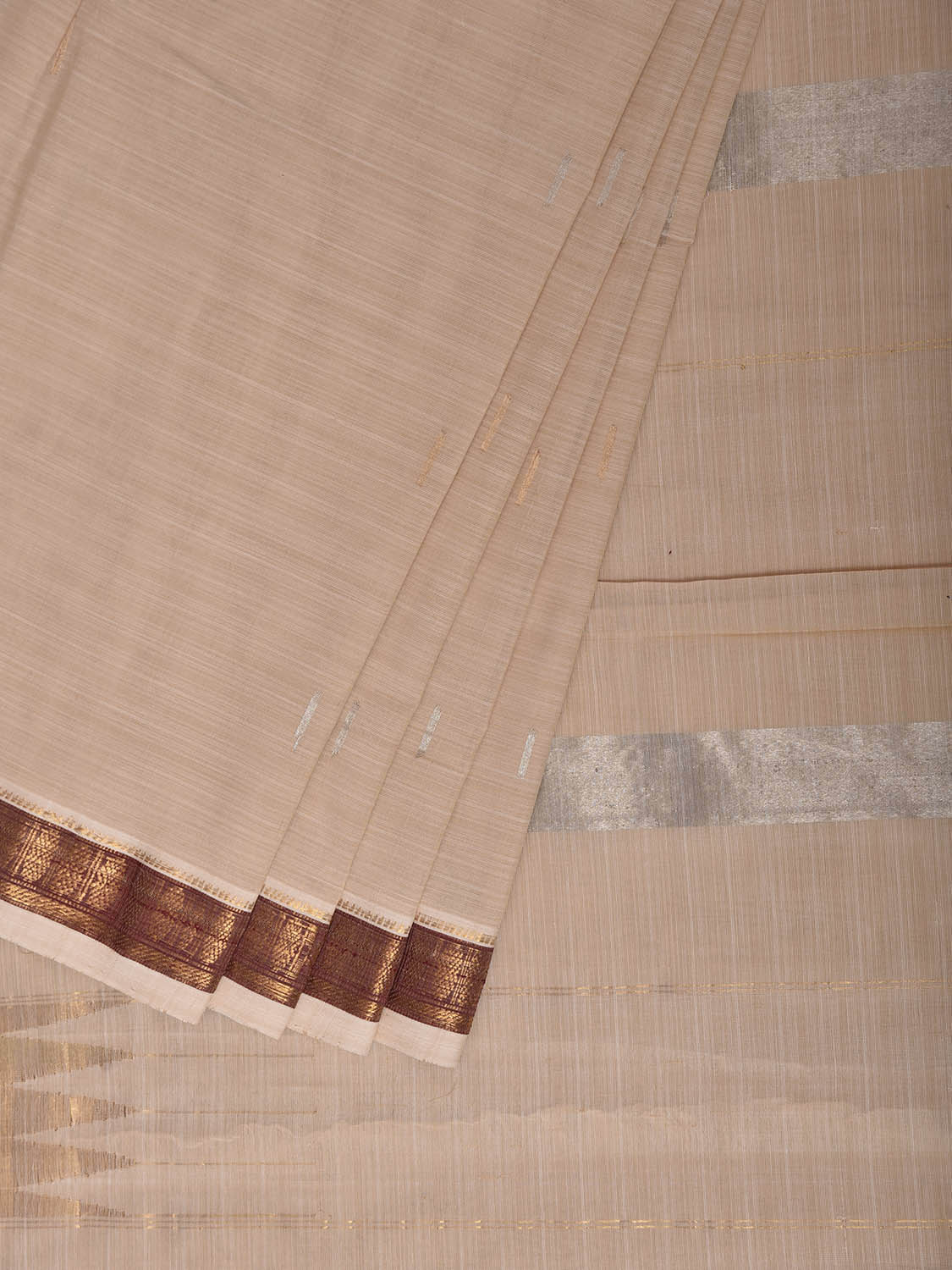 Cream Khadi Cotton Handloom Saree with Pallu Zari Strips Design No Blouse kh0736