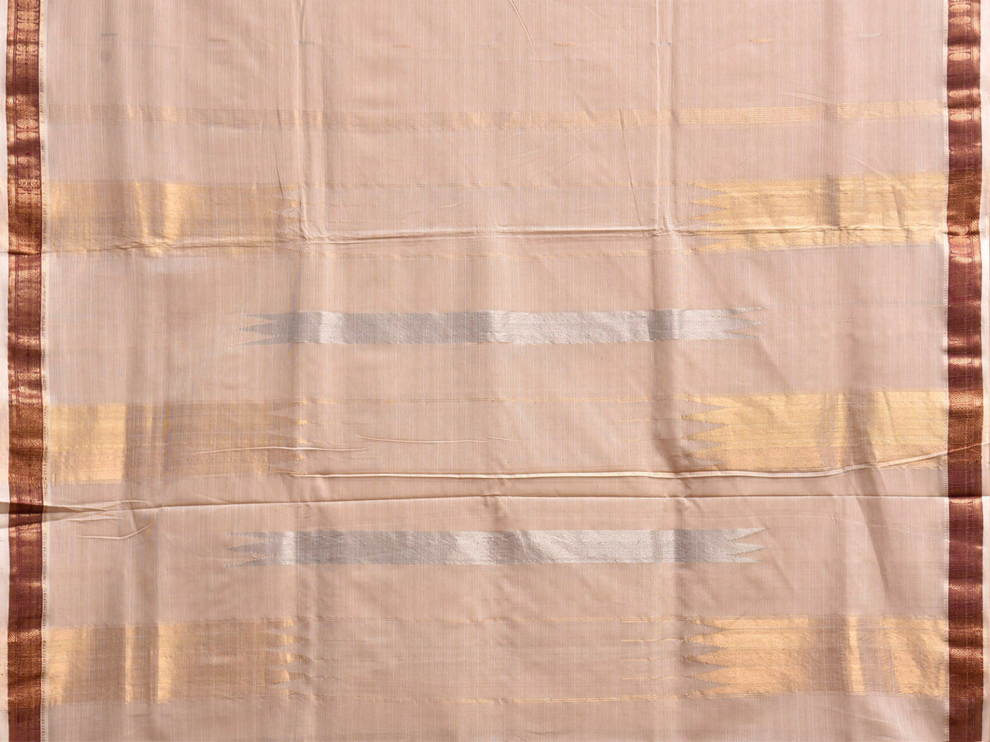 Cream Khadi Cotton Handloom Saree with Pallu Zari Strips Design No Blouse kh0736