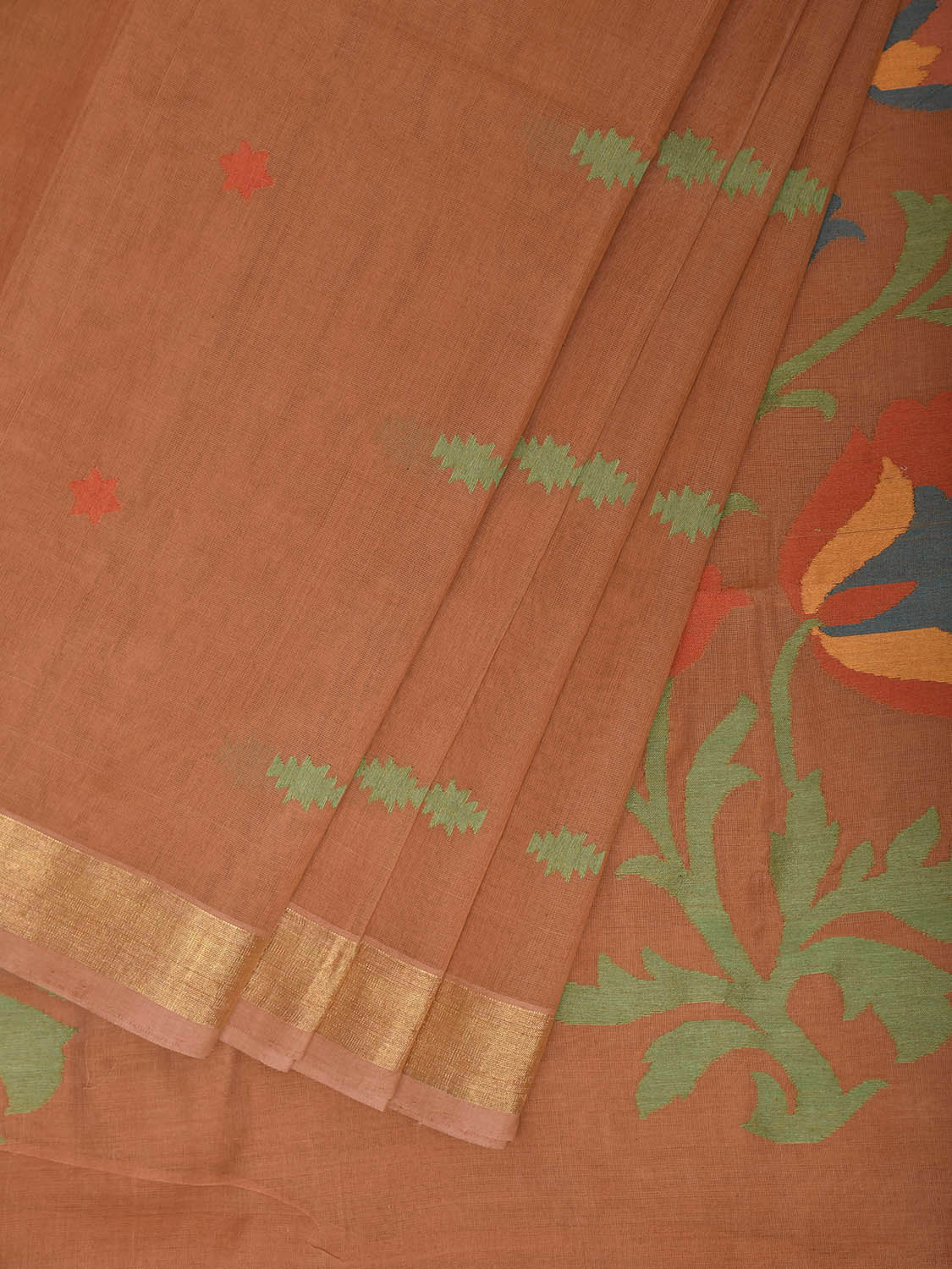 Fawn Khadi Cotton Handloom Saree with Floral Pallu Design No Blouse kh0738