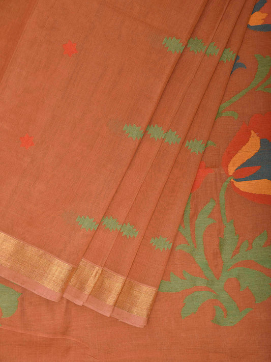 Fawn Khadi Cotton Handloom Saree with Floral Pallu Design No Blouse kh0738