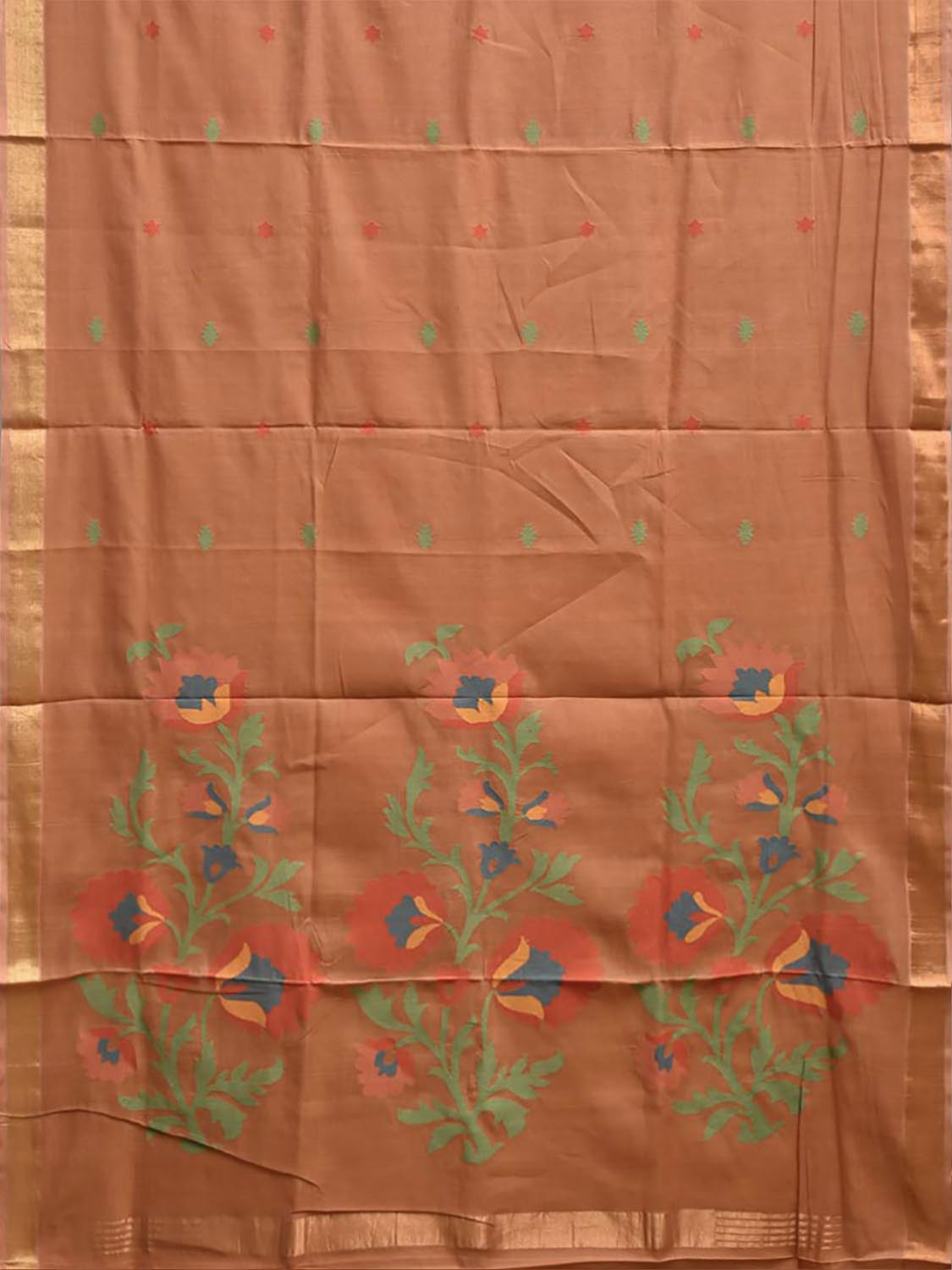 Fawn Khadi Cotton Handloom Saree with Floral Pallu Design No Blouse kh0738