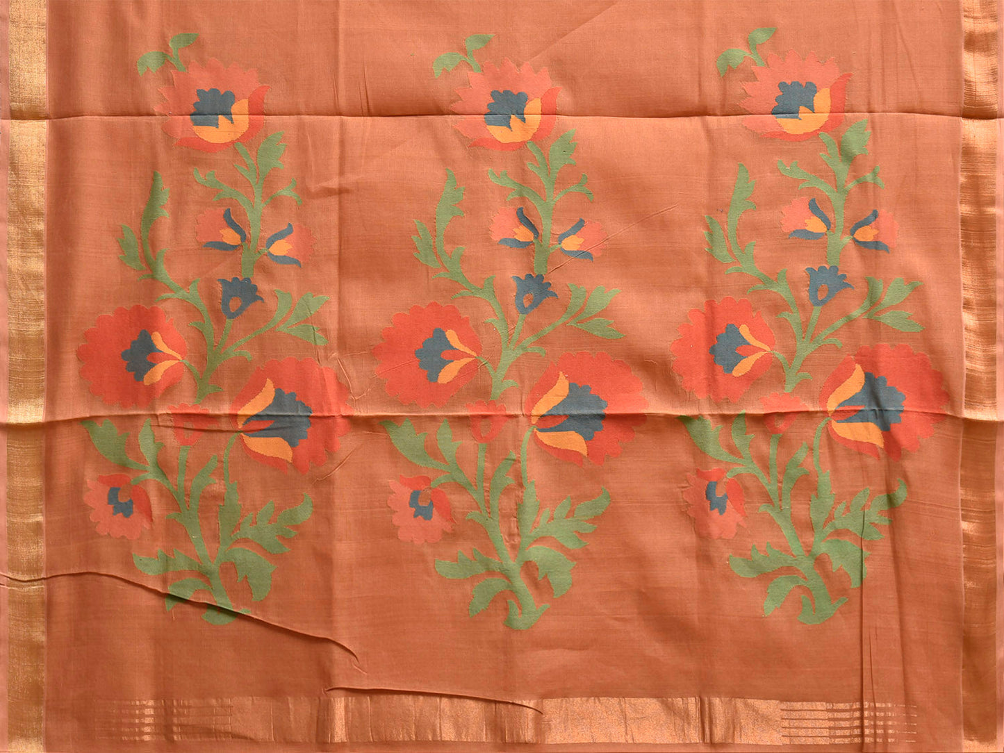 Fawn Khadi Cotton Handloom Saree with Floral Pallu Design No Blouse kh0738