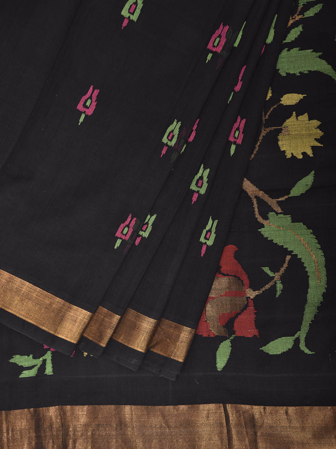 Black Khadi Cotton Handloom Saree with Birds and Floral Pallu Design kh0740