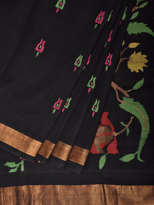 Black Khadi Cotton Handloom Saree with Birds and Floral Pallu Design kh0740