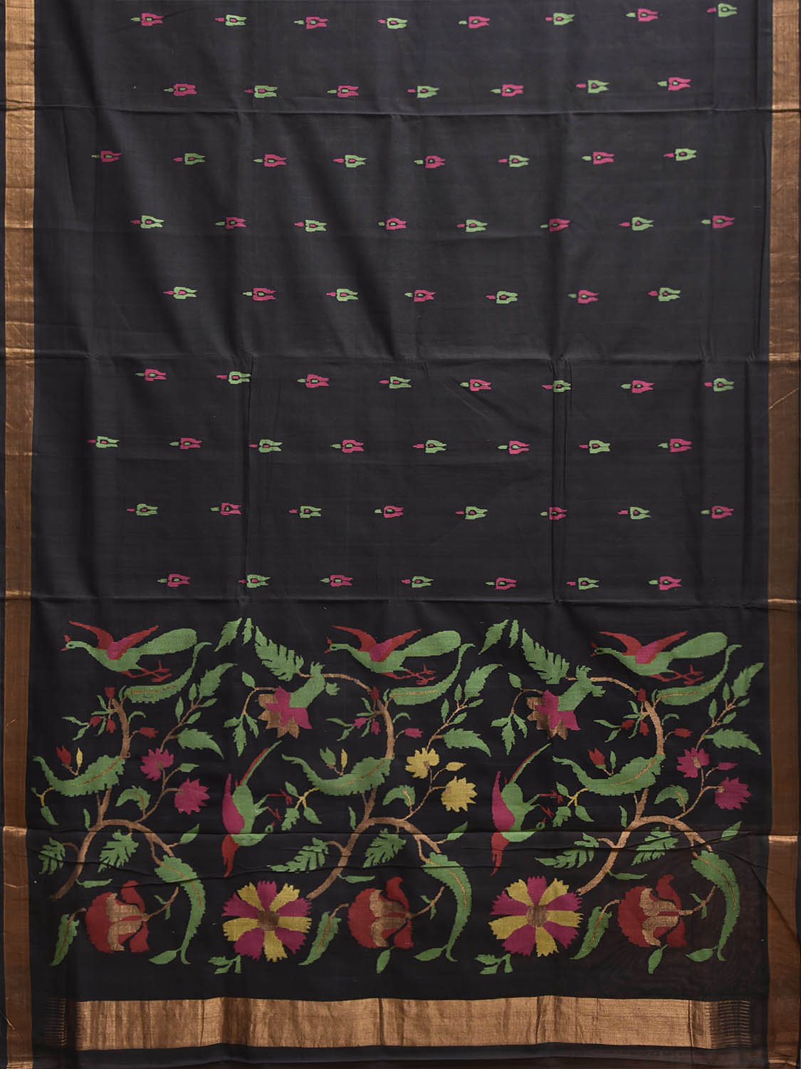 Black Khadi Cotton Handloom Saree with Birds and Floral Pallu Design kh0740