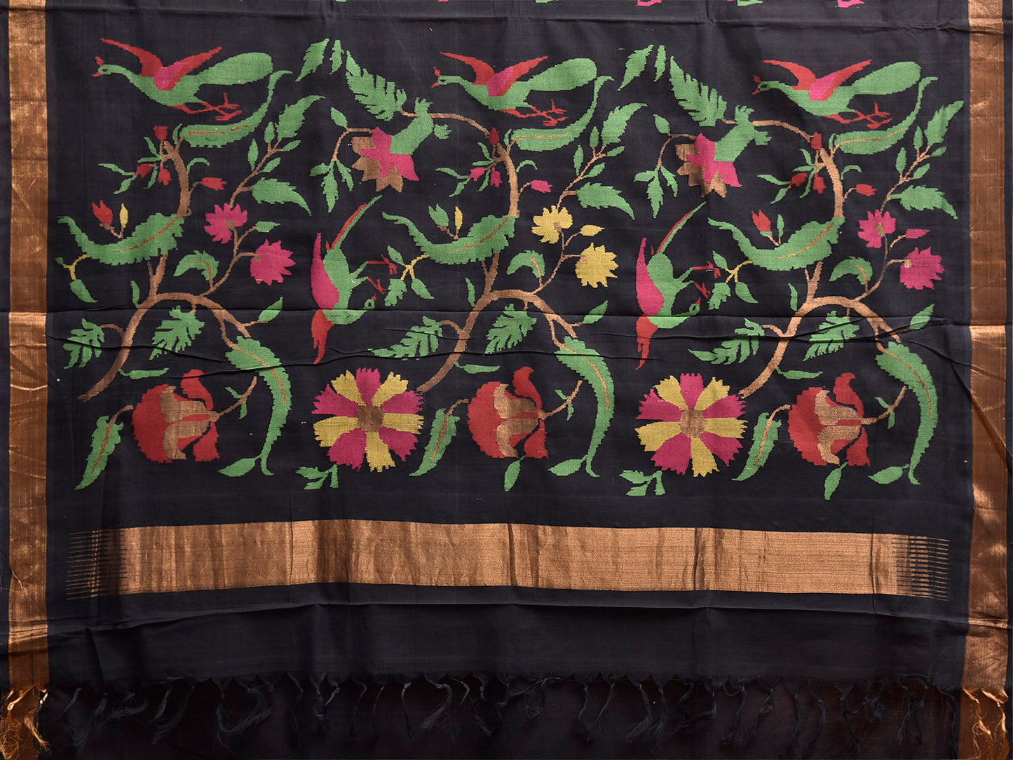 Black Khadi Cotton Handloom Saree with Birds and Floral Pallu Design kh0740
