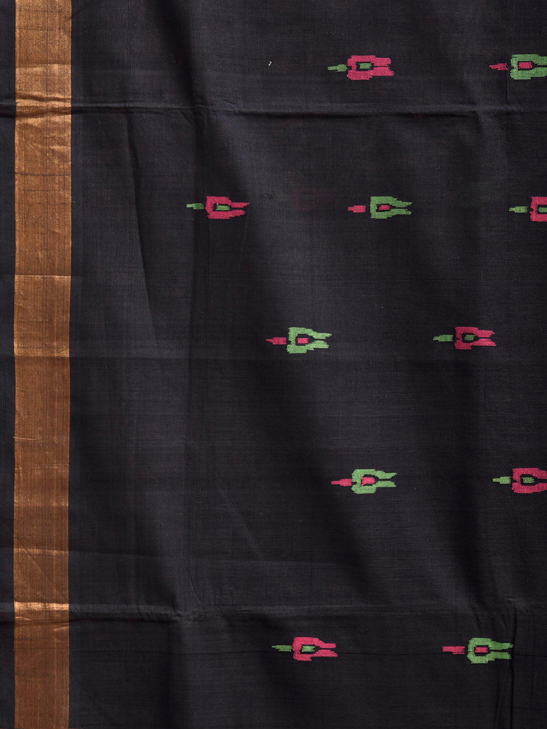 Black Khadi Cotton Handloom Saree with Birds and Floral Pallu Design kh0740