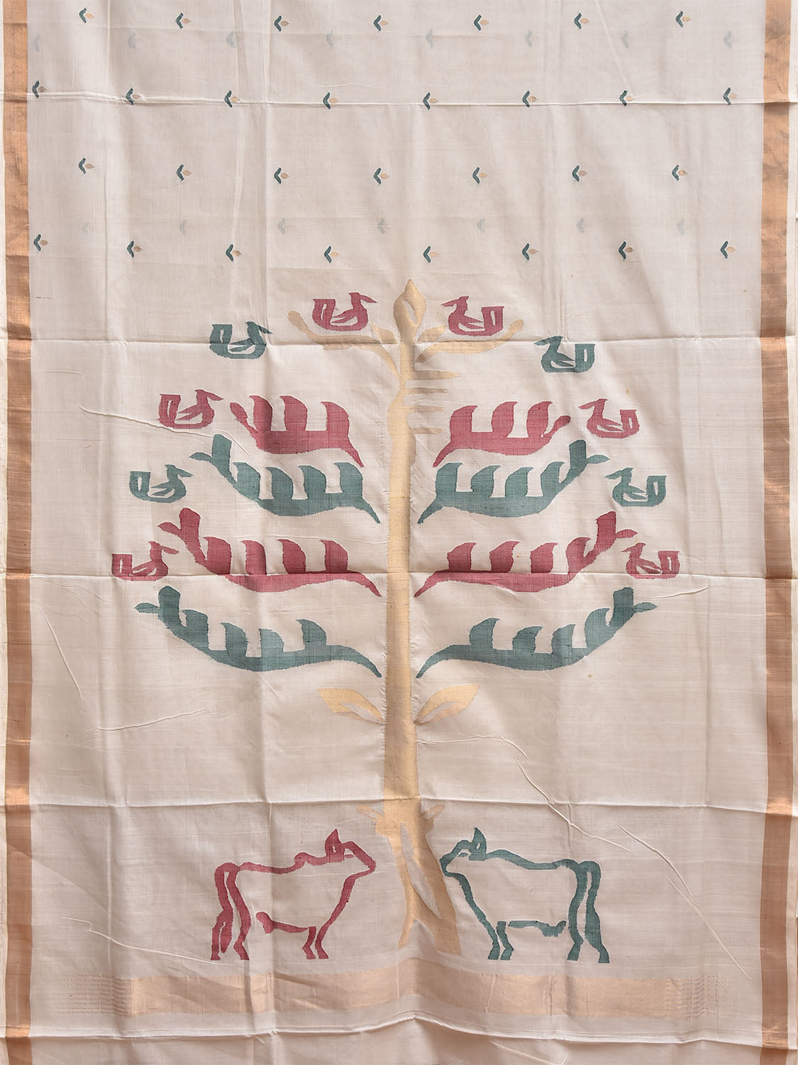 White Khadi Cotton Handloom Saree with Cows and Tree Pallu Design kh0744