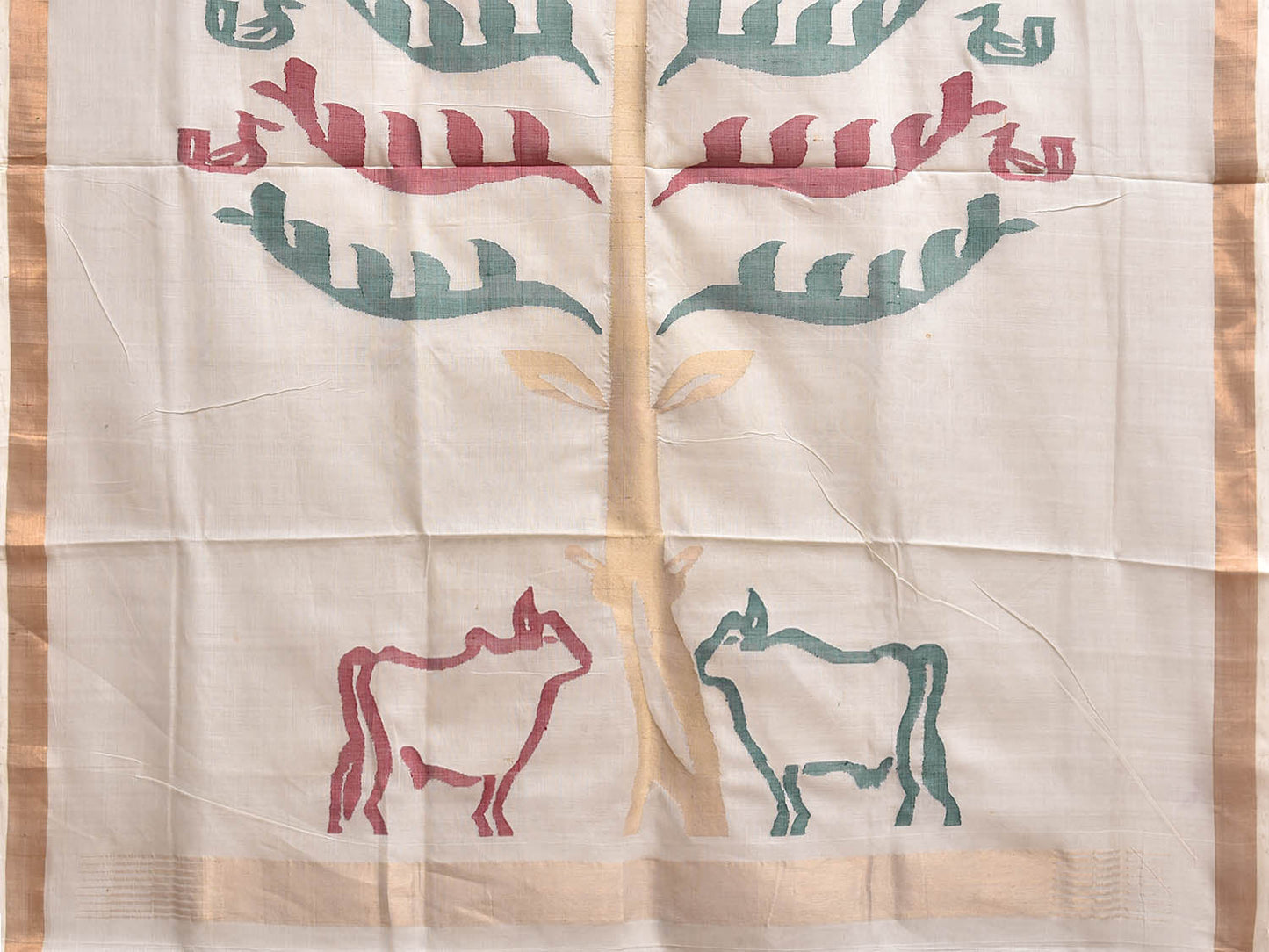 White Khadi Cotton Handloom Saree with Cows and Tree Pallu Design kh0744