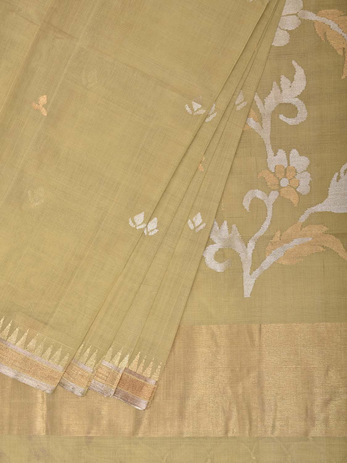 Light Yellow Khadi Cotton Handloom Saree with Floral Pallu Design kh0745