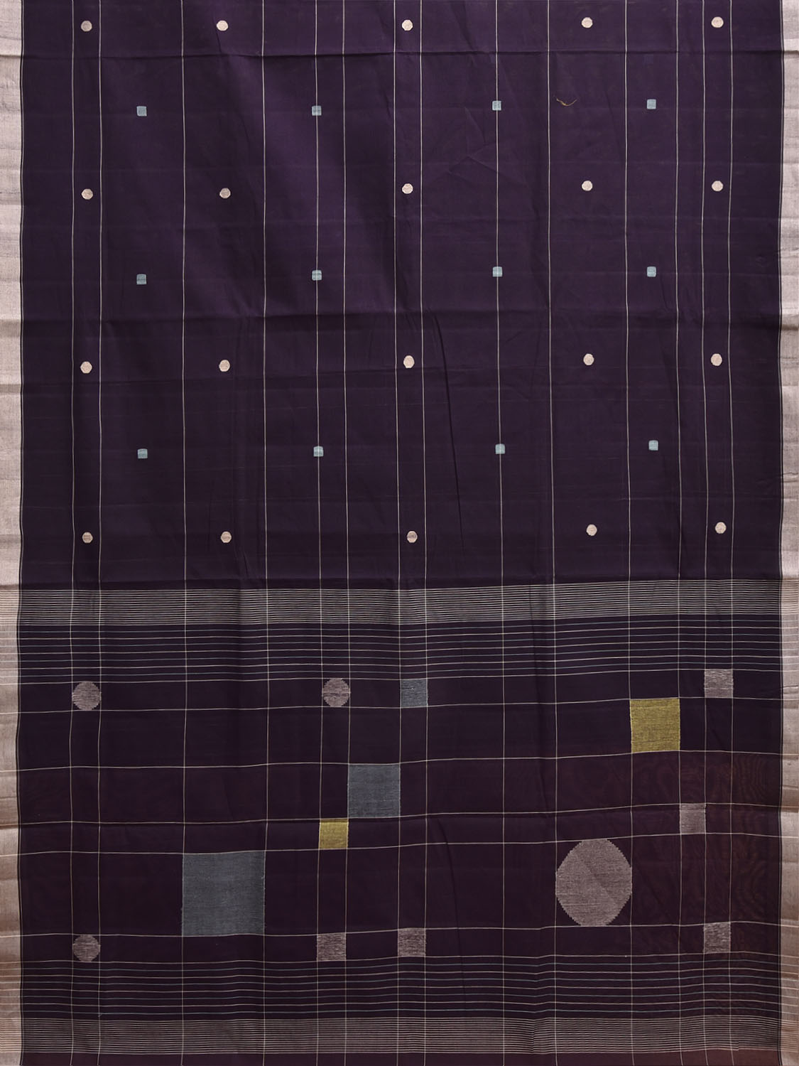 Dark Purple Khadi Cotton Handloom Saree with Squares and Circles Pallu Design kh0746