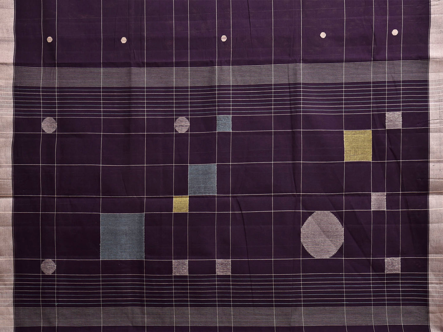 Dark Purple Khadi Cotton Handloom Saree with Squares and Circles Pallu Design kh0746