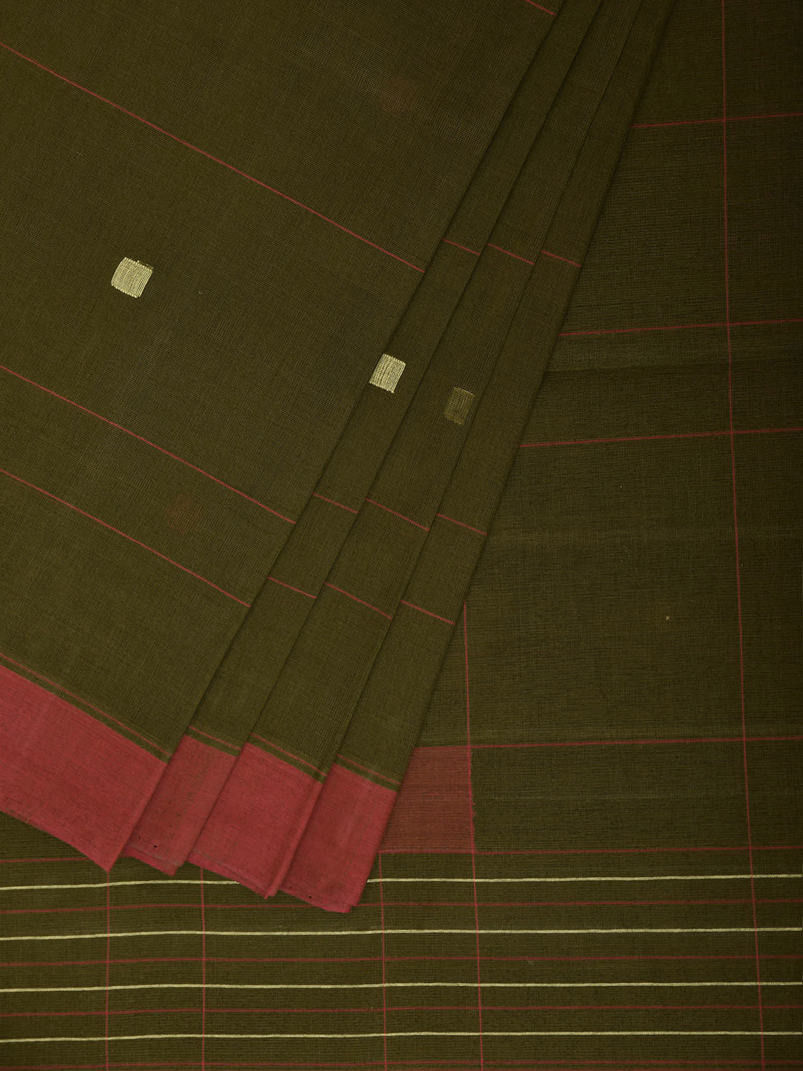 Dark Green Khadi Cotton Handloom Saree with Squares and Circles Pallu Design kh0747