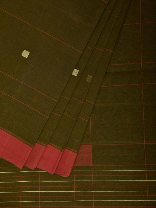 Dark Green Khadi Cotton Handloom Saree with Squares and Circles Pallu Design kh0747