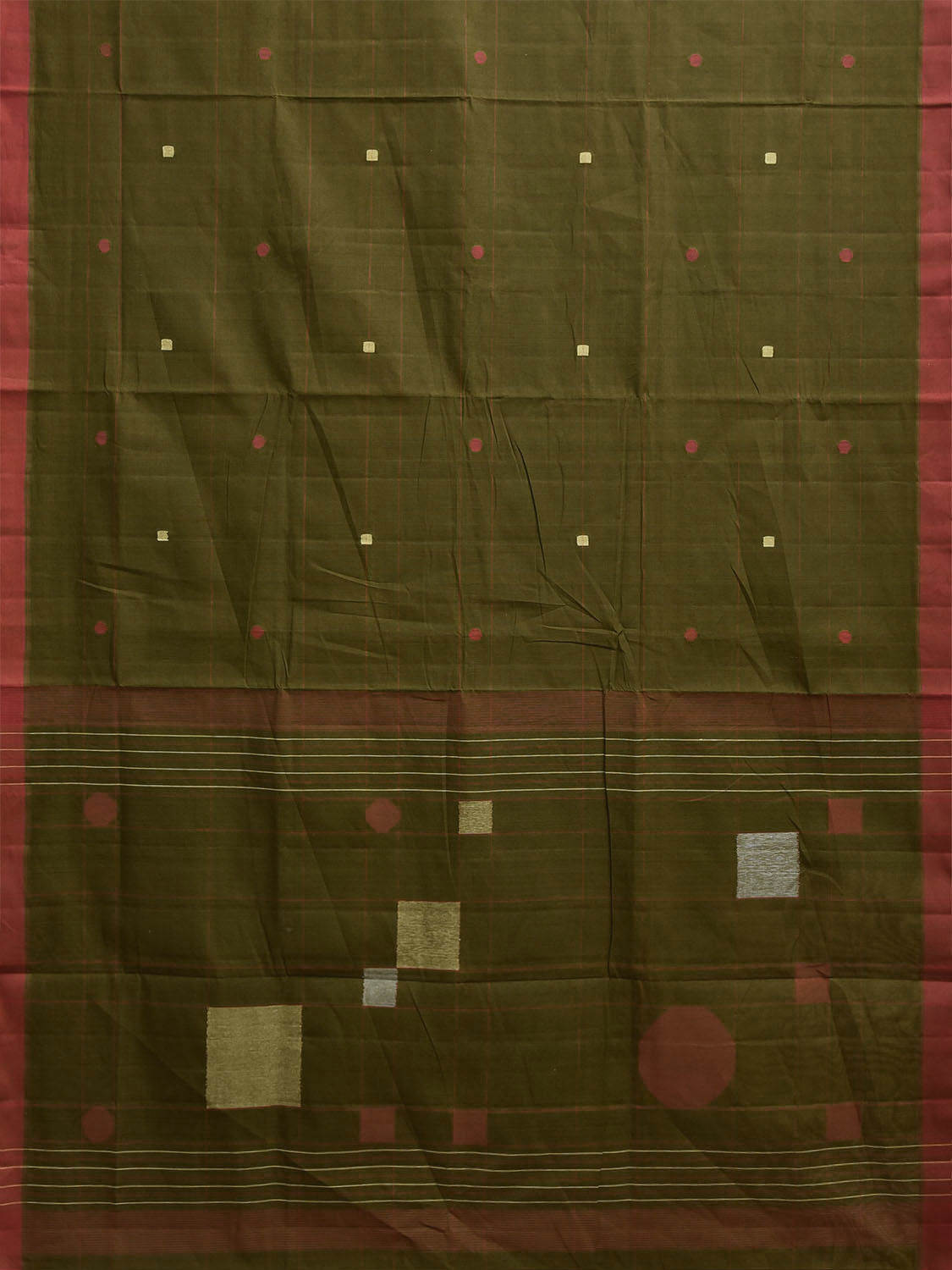 Dark Green Khadi Cotton Handloom Saree with Squares and Circles Pallu Design kh0747