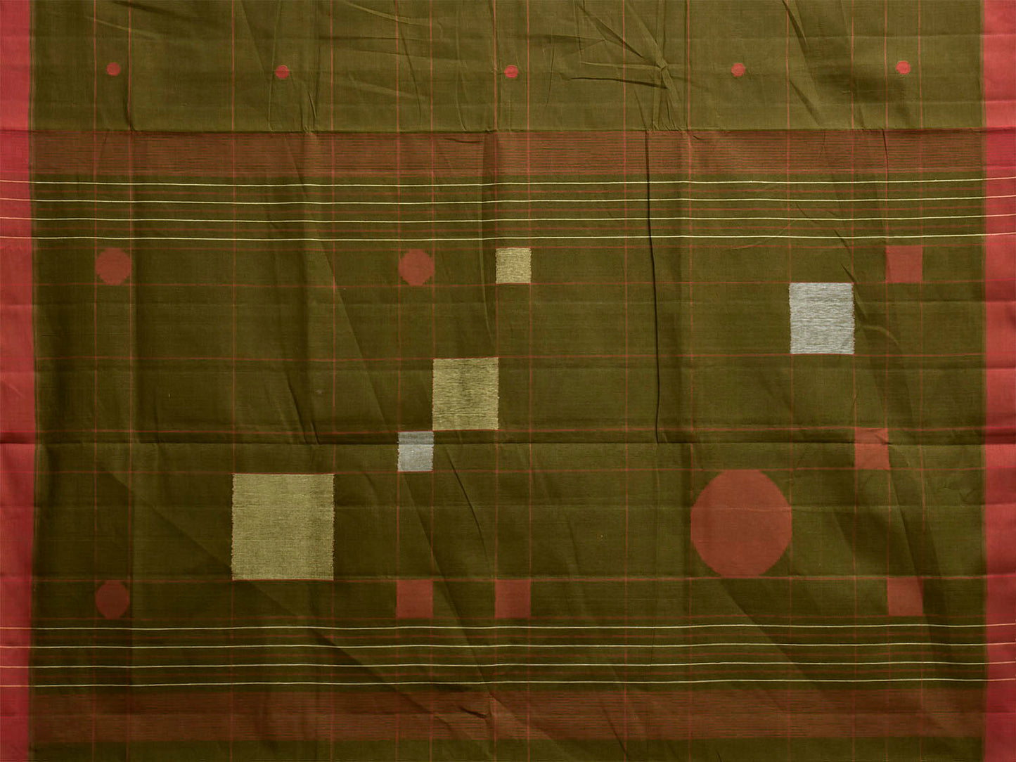 Dark Green Khadi Cotton Handloom Saree with Squares and Circles Pallu Design kh0747
