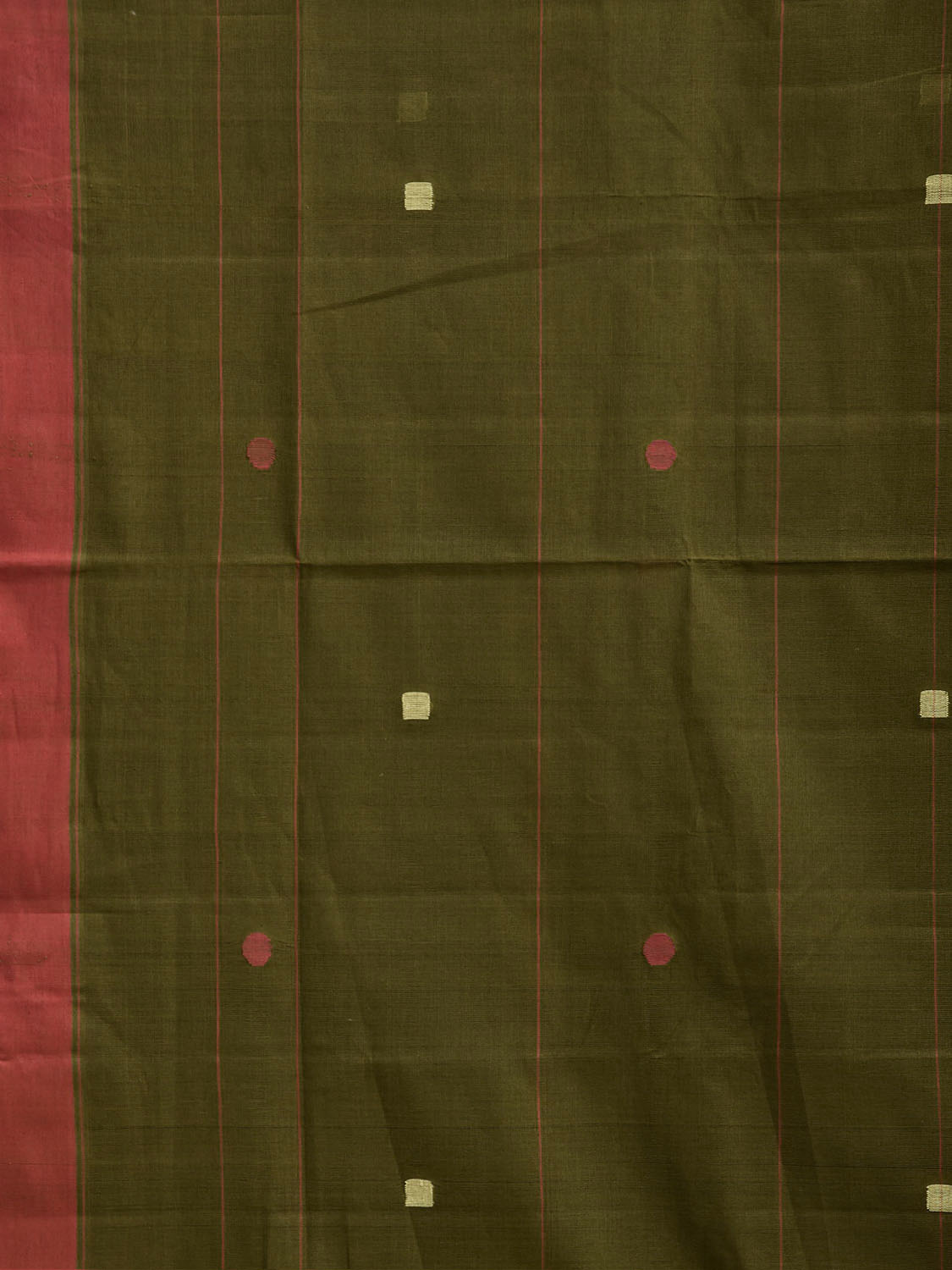 Dark Green Khadi Cotton Handloom Saree with Squares and Circles Pallu Design kh0747