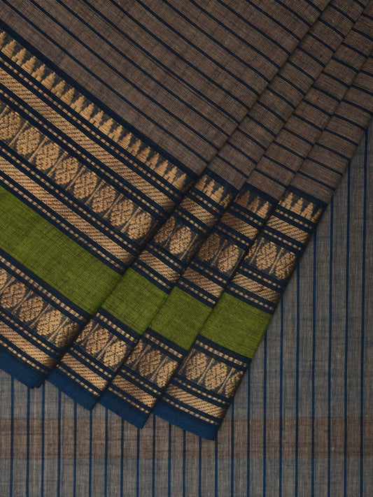 Khaki and Blue Kanchipurm Cotton Saree with Strips Design k0602