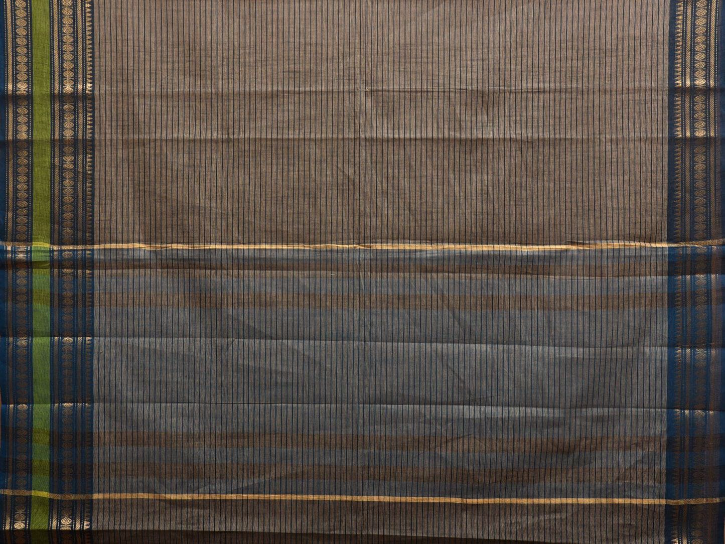 Khaki and Blue Kanchipurm Cotton Saree with Strips Design k0602