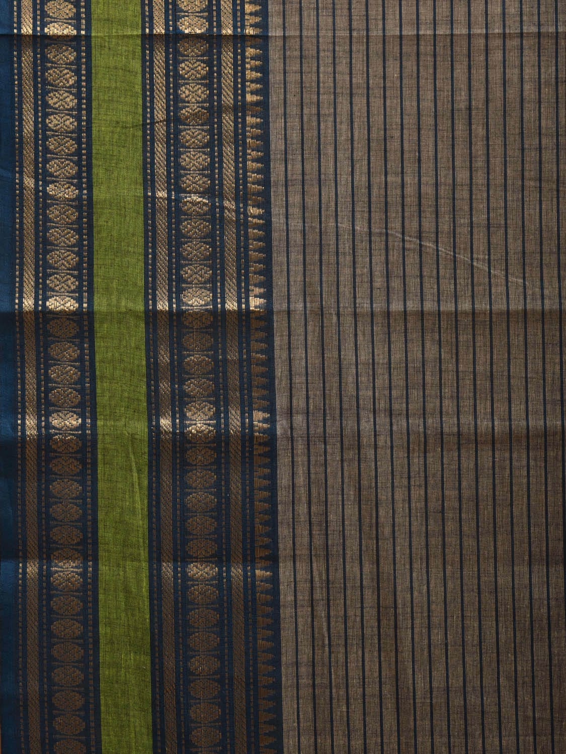 Khaki and Blue Kanchipurm Cotton Saree with Strips Design k0602