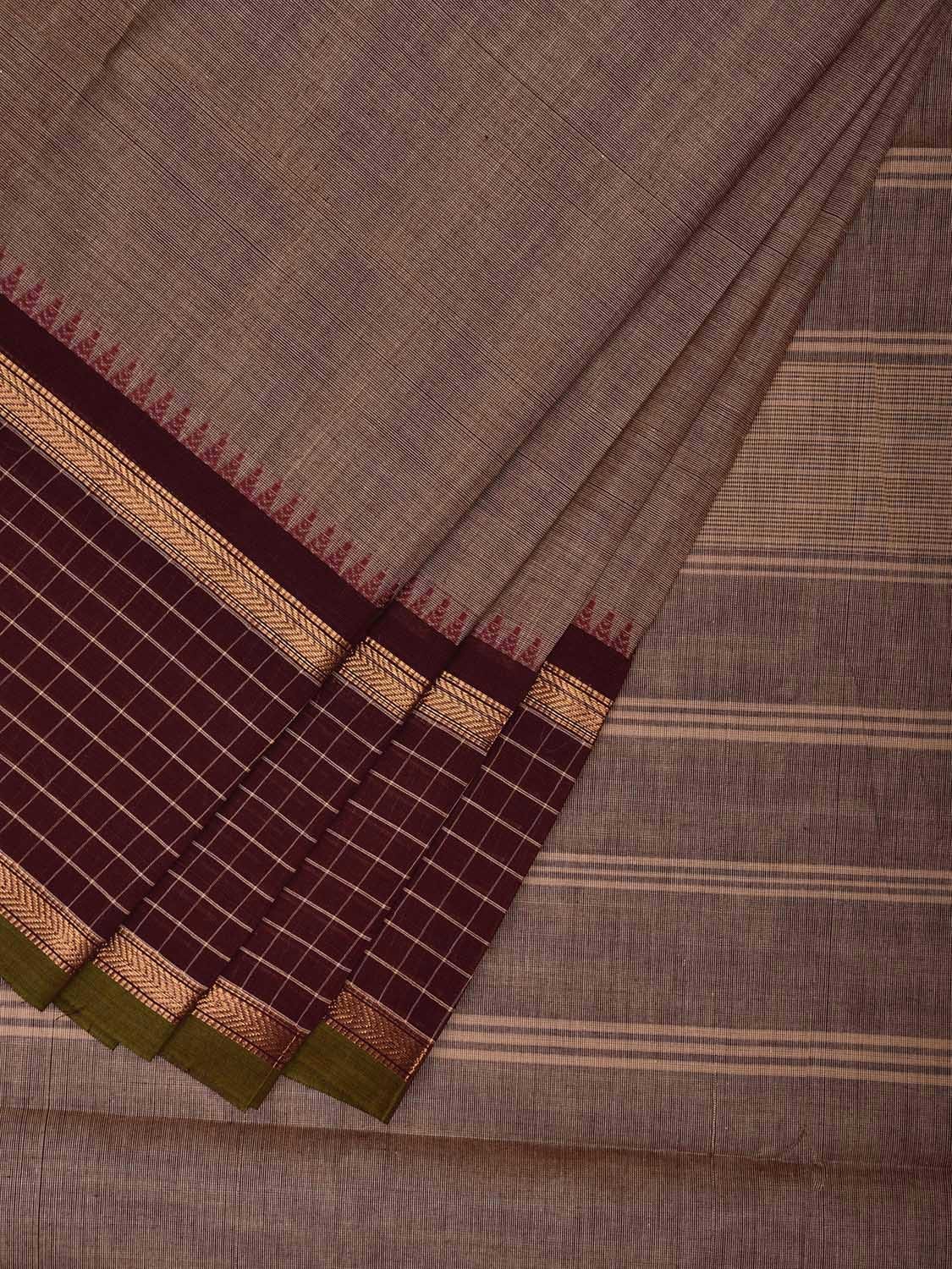 Khaki and Brown Kanchipuram Cotton Plain Saree with Strips Pallu and Checks Border Design k0744