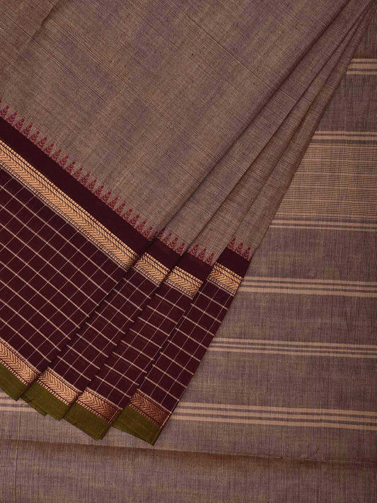 Khaki and Brown Kanchipuram Cotton Plain Saree with Strips Pallu and Checks Border Design k0744