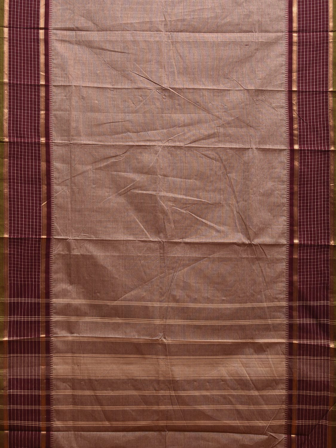 Khaki and Brown Kanchipuram Cotton Plain Saree with Strips Pallu and Checks Border Design k0744
