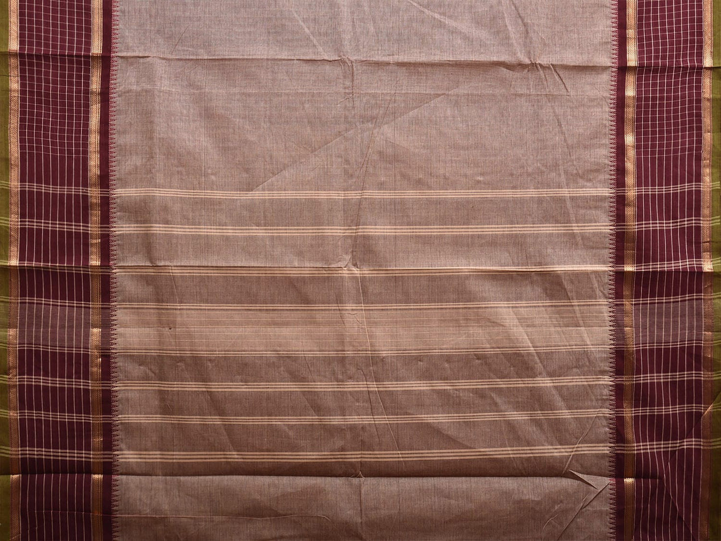 Khaki and Brown Kanchipuram Cotton Plain Saree with Strips Pallu and Checks Border Design k0744