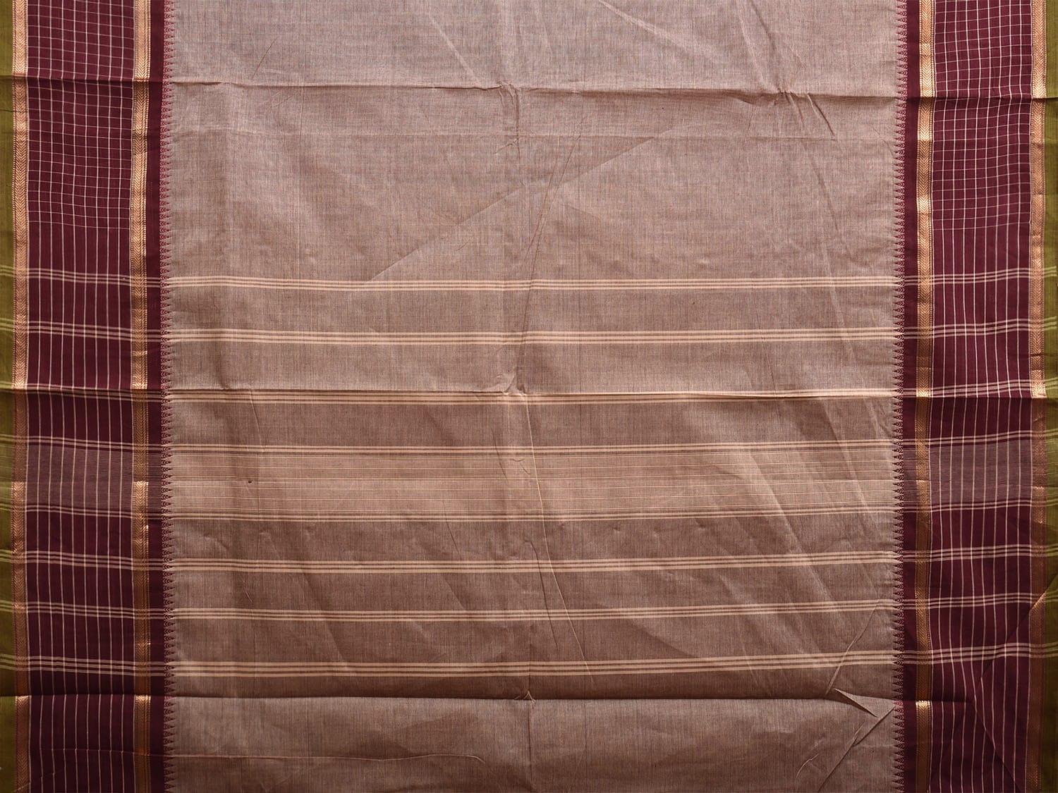Khaki and Brown Kanchipuram Cotton Plain Saree with Strips Pallu and Checks Border Design k0744