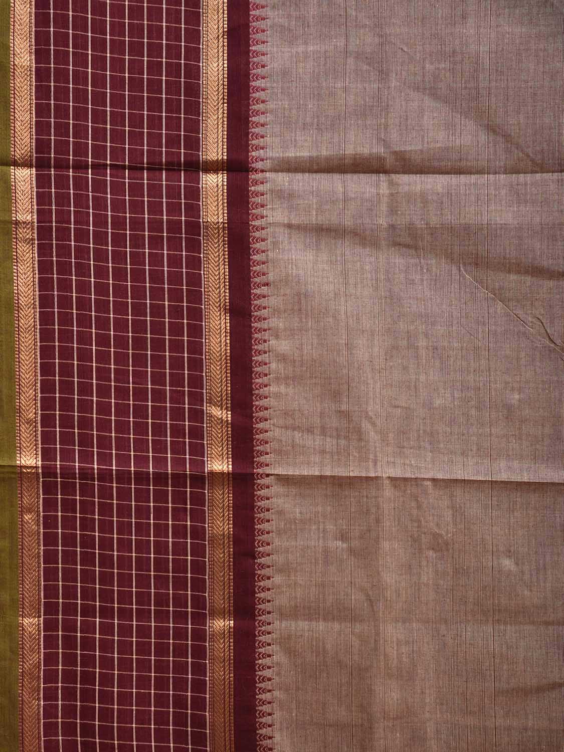 Khaki and Brown Kanchipuram Cotton Plain Saree with Strips Pallu and Checks Border Design k0744