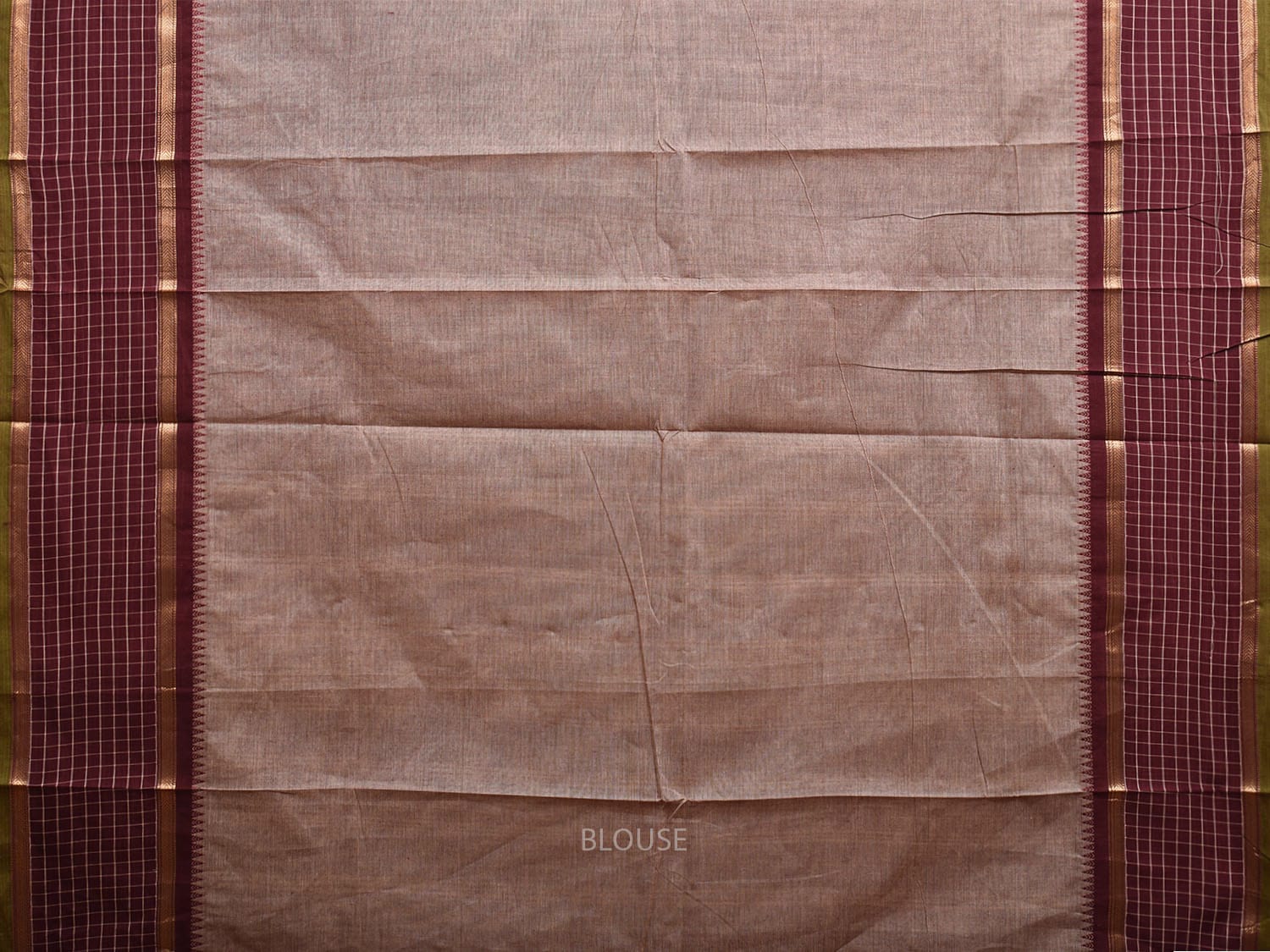 Khaki and Brown Kanchipuram Cotton Plain Saree with Strips Pallu and Checks Border Design k0744
