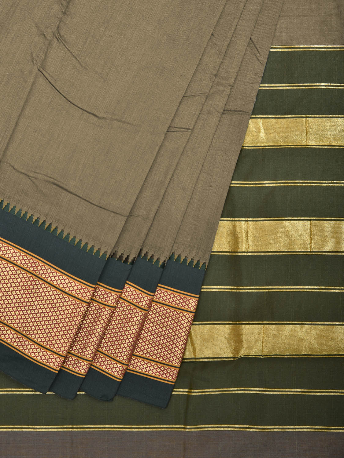Khaki and Green Bamboo Cotton Plain Saree with Contrast Pallu Design No Blouse bc0653