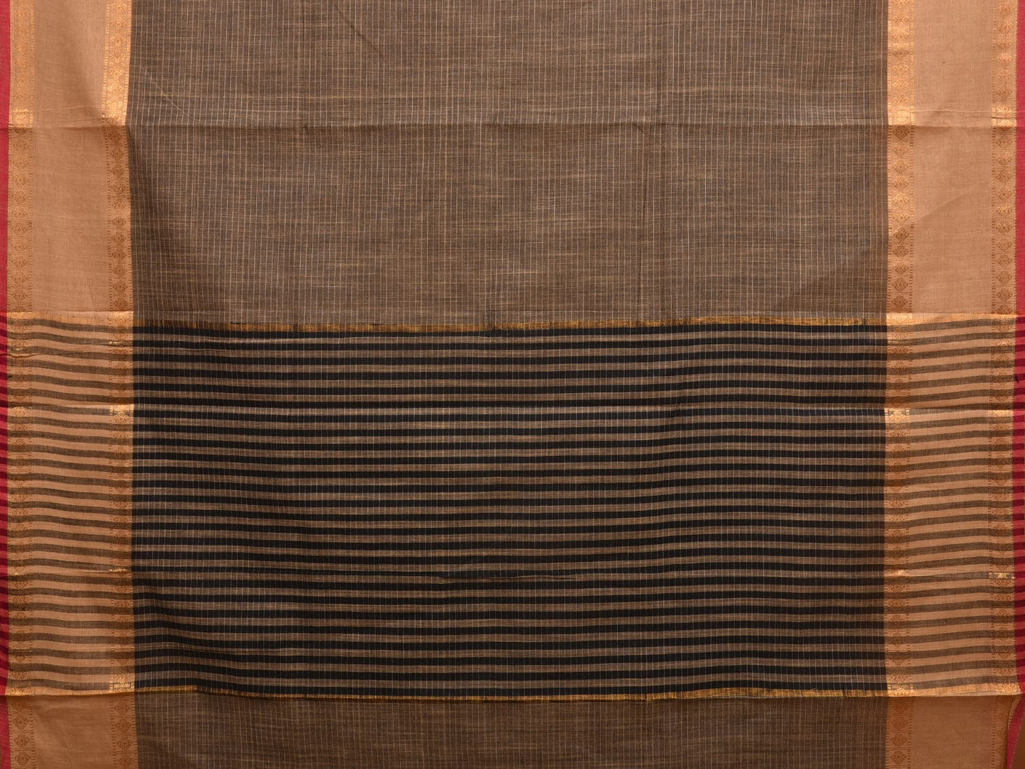 Khaki and Light Brown Kanchipuram Cotton Saree with Strips Pallu and Border Design k0531