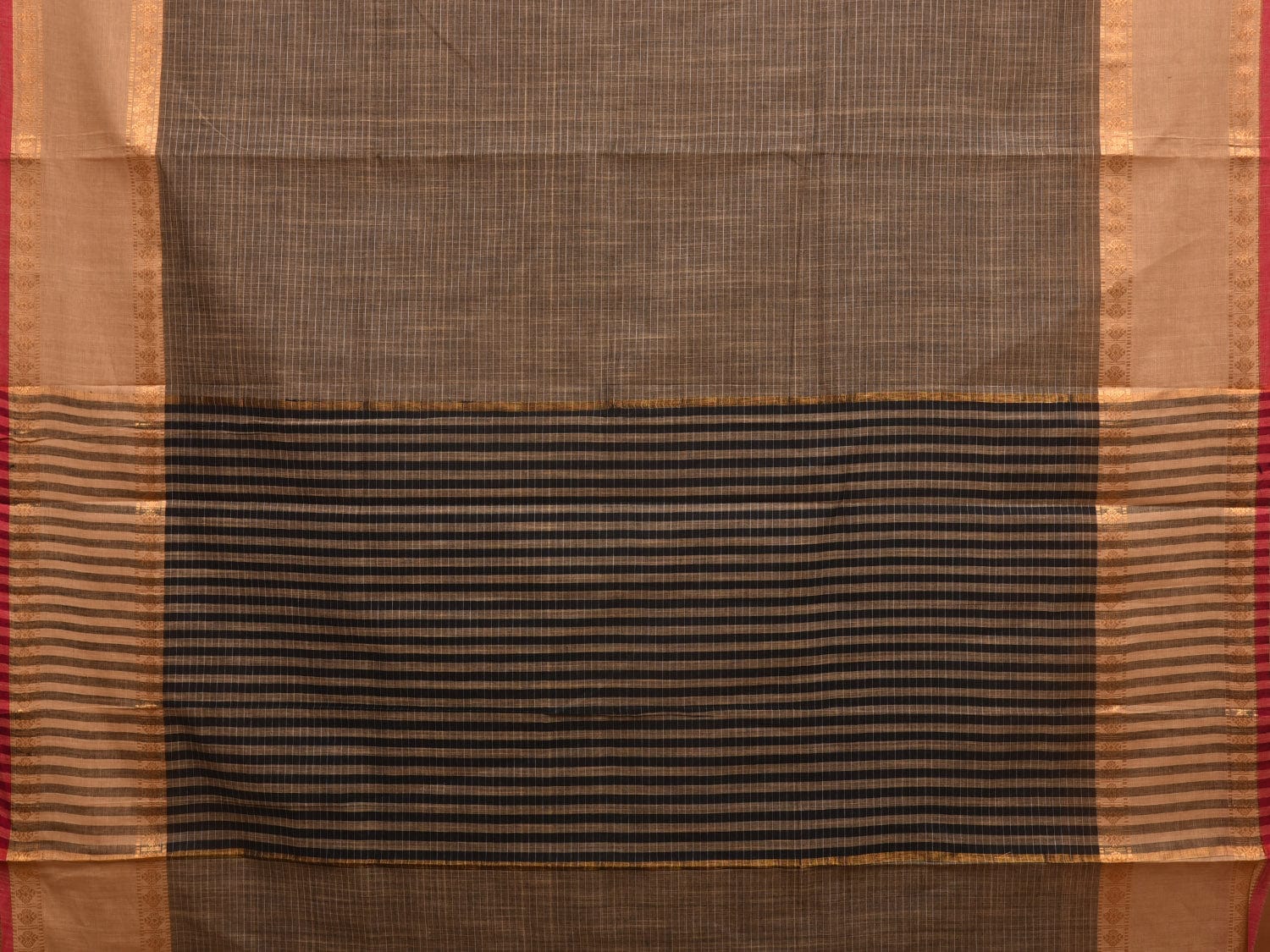 Khaki and Light Brown Kanchipuram Cotton Saree with Strips Pallu and Border Design k0531