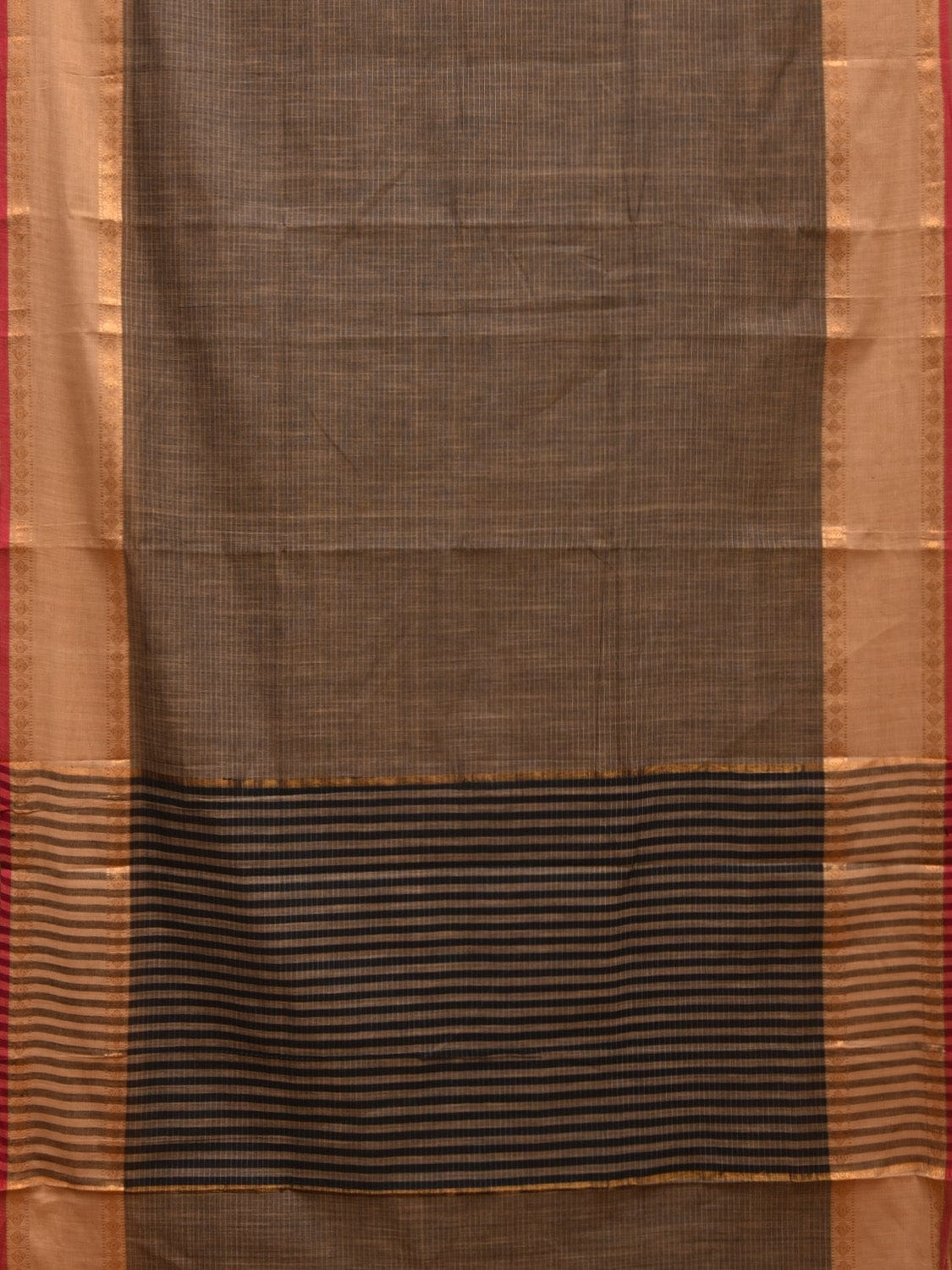 Khaki and Light Brown Kanchipuram Cotton Saree with Strips Pallu and Border Design k0531