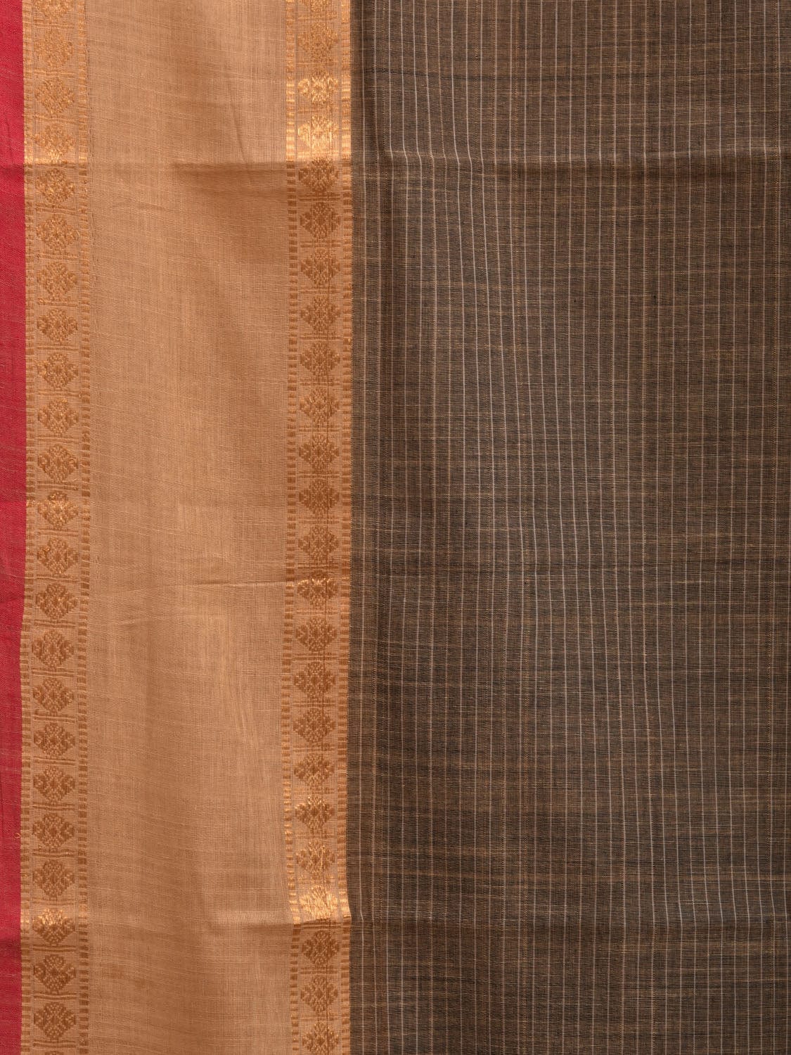 Khaki and Light Brown Kanchipuram Cotton Saree with Strips Pallu and Border Design k0531
