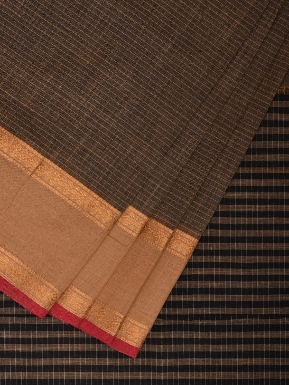 Khaki and Light Brown Kanchipuram Cotton Saree with Strips Pallu and Border Design k0531