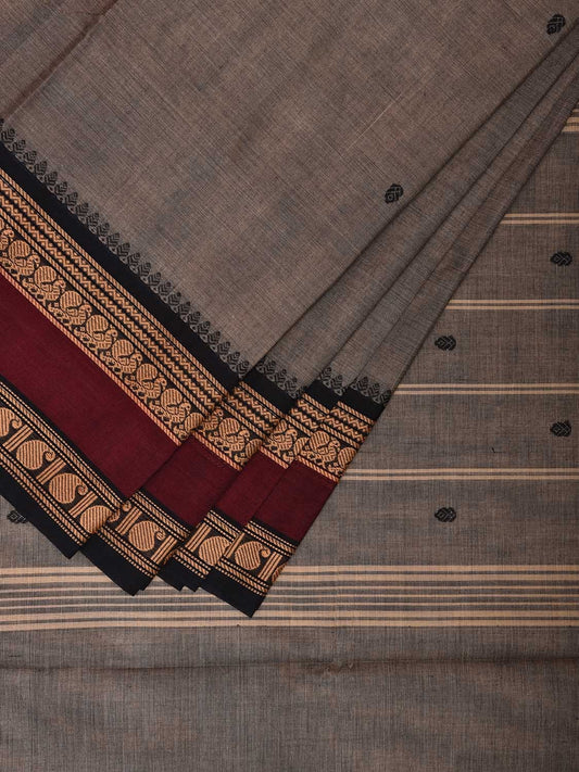 Khaki and Maroon Kanchipuram Cotton Saree with Border and Strips Pallu Design k0769
