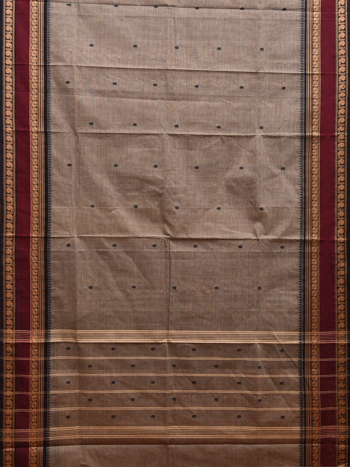 Khaki and Maroon Kanchipuram Cotton Saree with Border and Strips Pallu Design k0769
