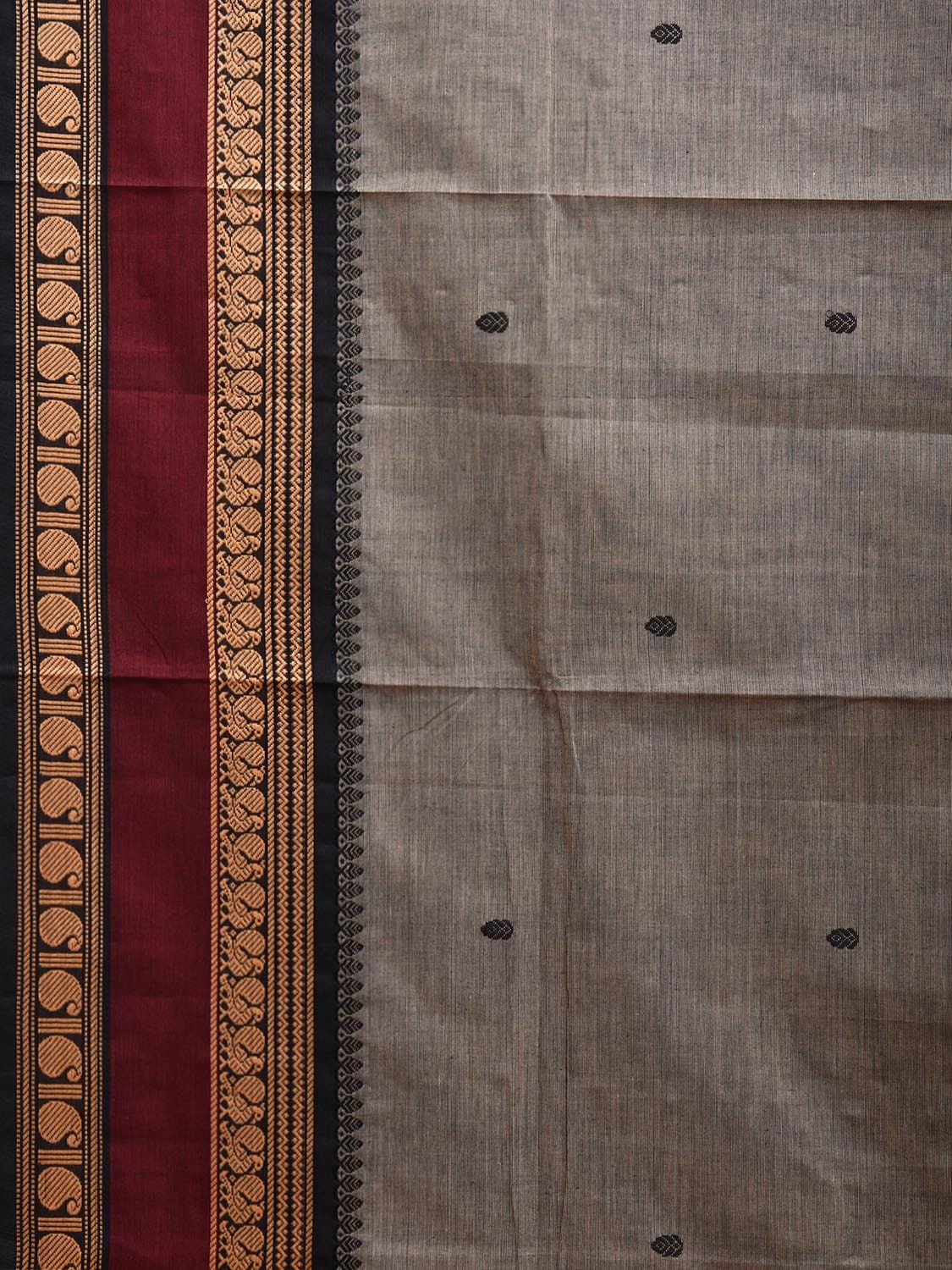 Khaki and Maroon Kanchipuram Cotton Saree with Border and Strips Pallu Design k0769