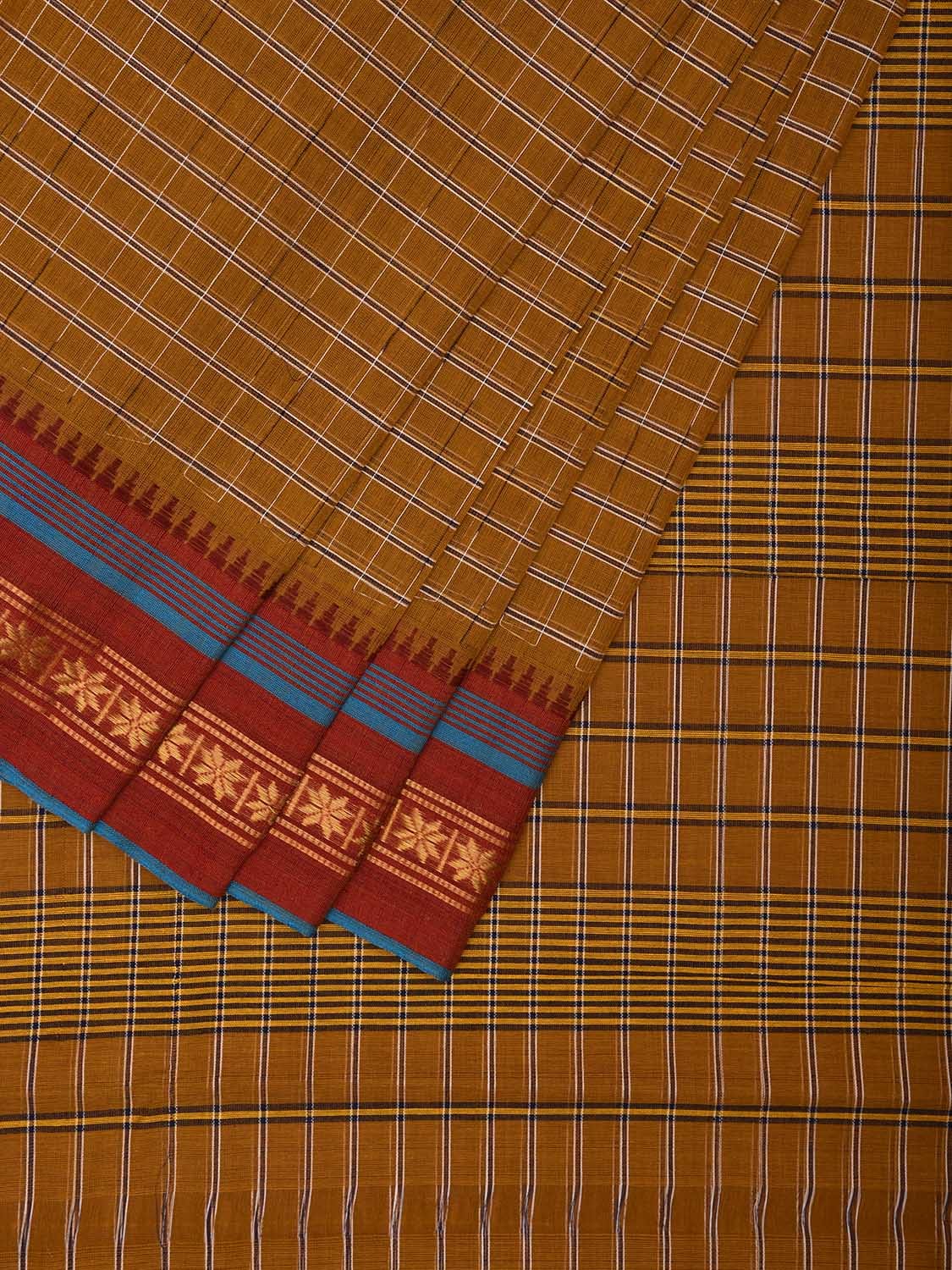 Khaki and Maroon Narayanpet Cotton Handloom Saree with Checks Design No Blouse np1017