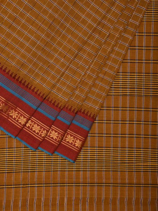 Khaki and Maroon Narayanpet Cotton Handloom Saree with Checks Design No Blouse np1017