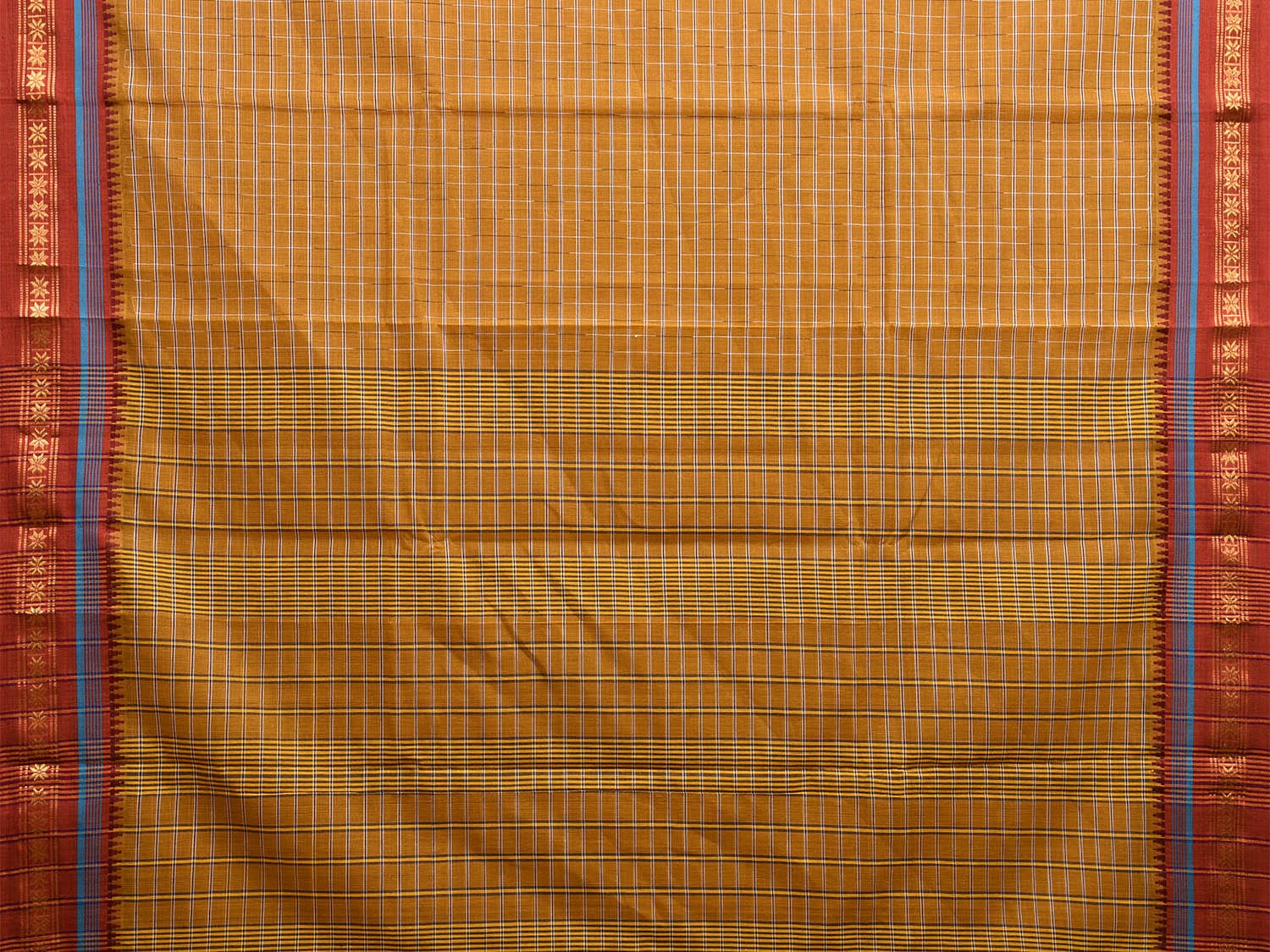 Khaki and Maroon Narayanpet Cotton Handloom Saree with Checks Design No Blouse np1017