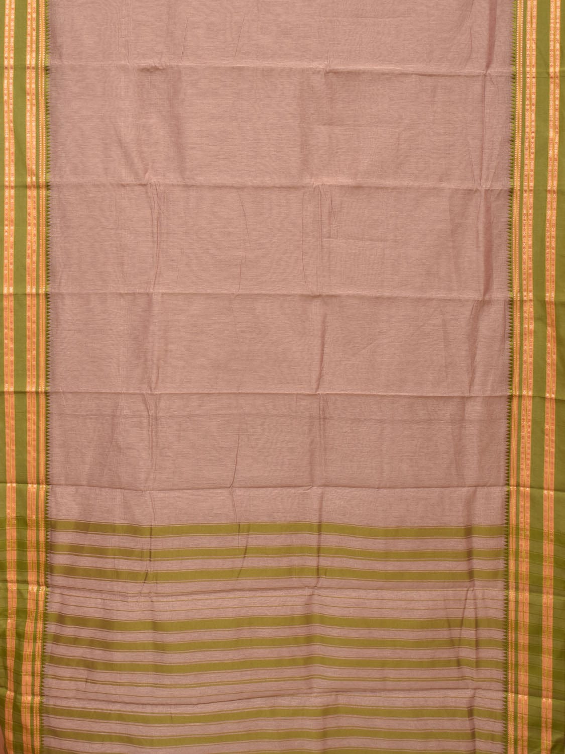 Khaki and Olive Bamboo Cotton Plain Saree with Small Tmeple Border Design No Blouse bc0157