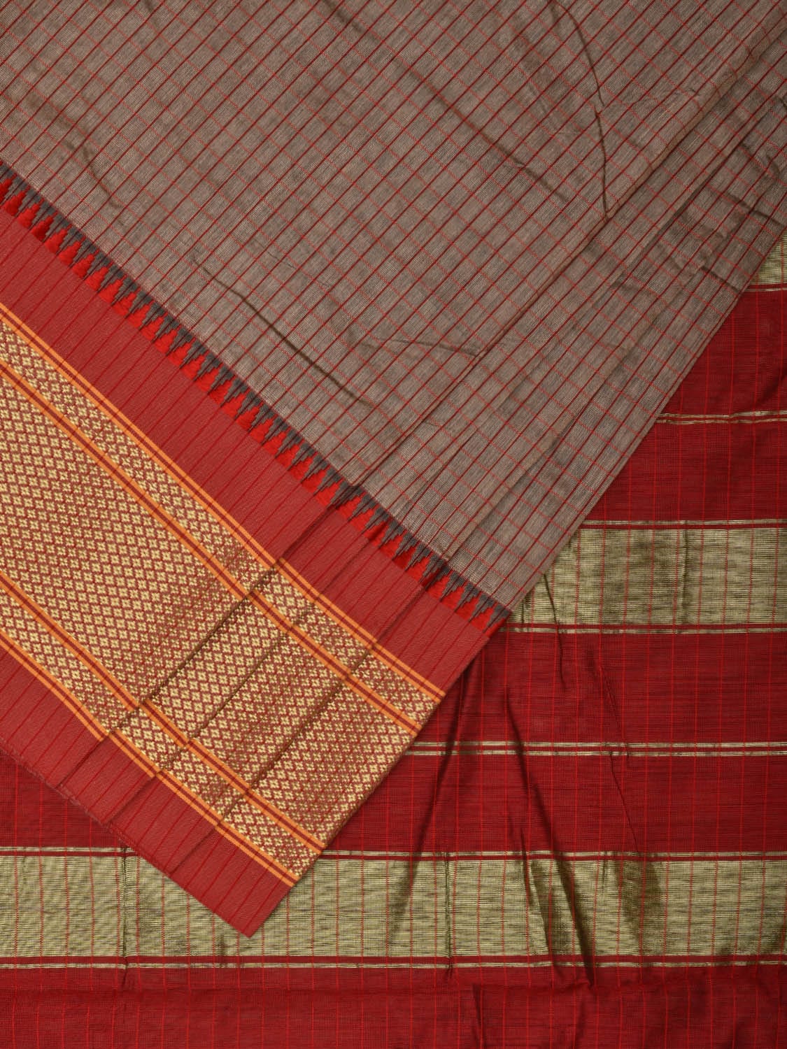 Khaki and Red Bamboo Cotton Saree with Checks Design No Blouse bc0302