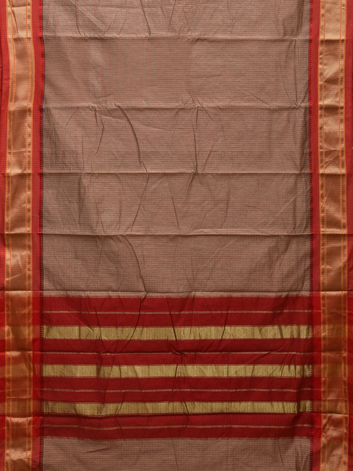 Khaki and Red Bamboo Cotton Saree with Checks Design No Blouse bc0302
