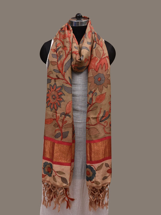 Khaki and Red Kalamkari Hand Painted Kanchipuram Silk Handloom Dupatta with Floral Design ds2789