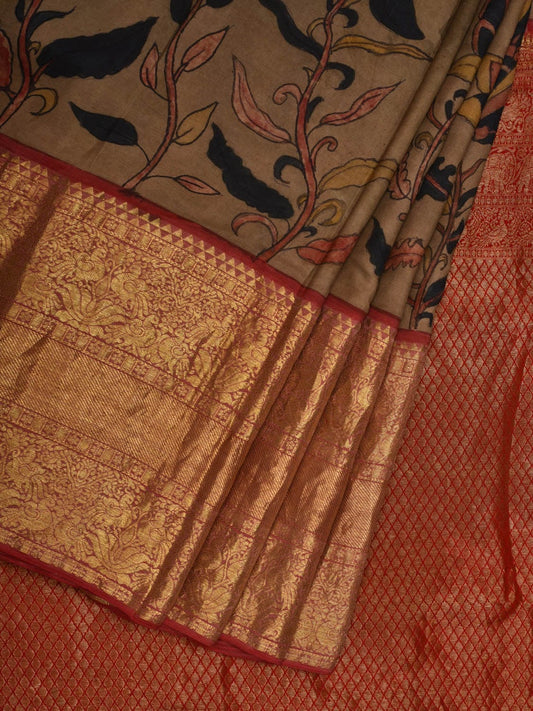 Khaki and Red Kalamkari Hand Painted Kanchipuram Silk Handloom Saree with Floral Design KL0626
