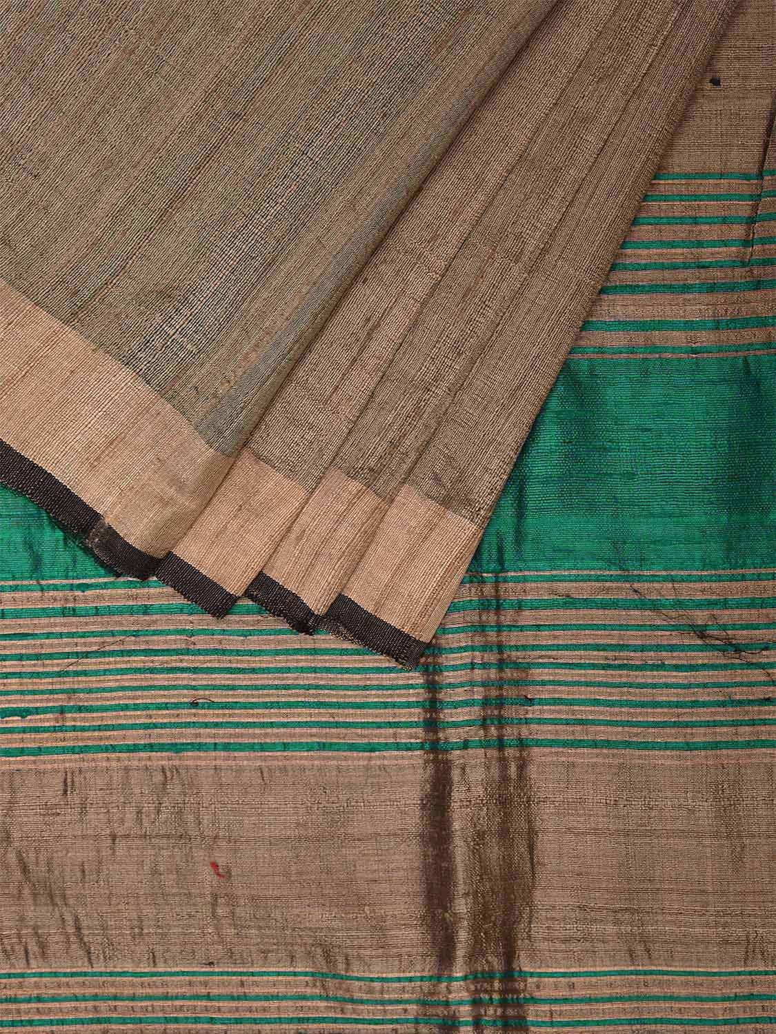 Khaki and Turquoise Tussar Saree with Strips Pallu Design o0549