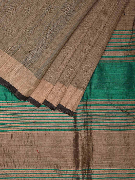 Khaki and Turquoise Tussar Saree with Strips Pallu Design o0549